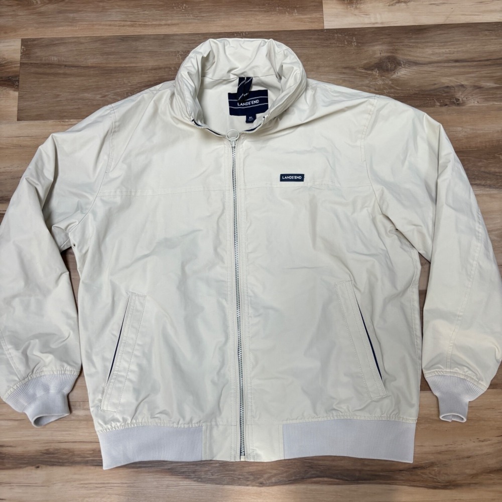 Lands End Harring ton Jacket XL Windbreaker Nylon Mesh Lined Cream Off White